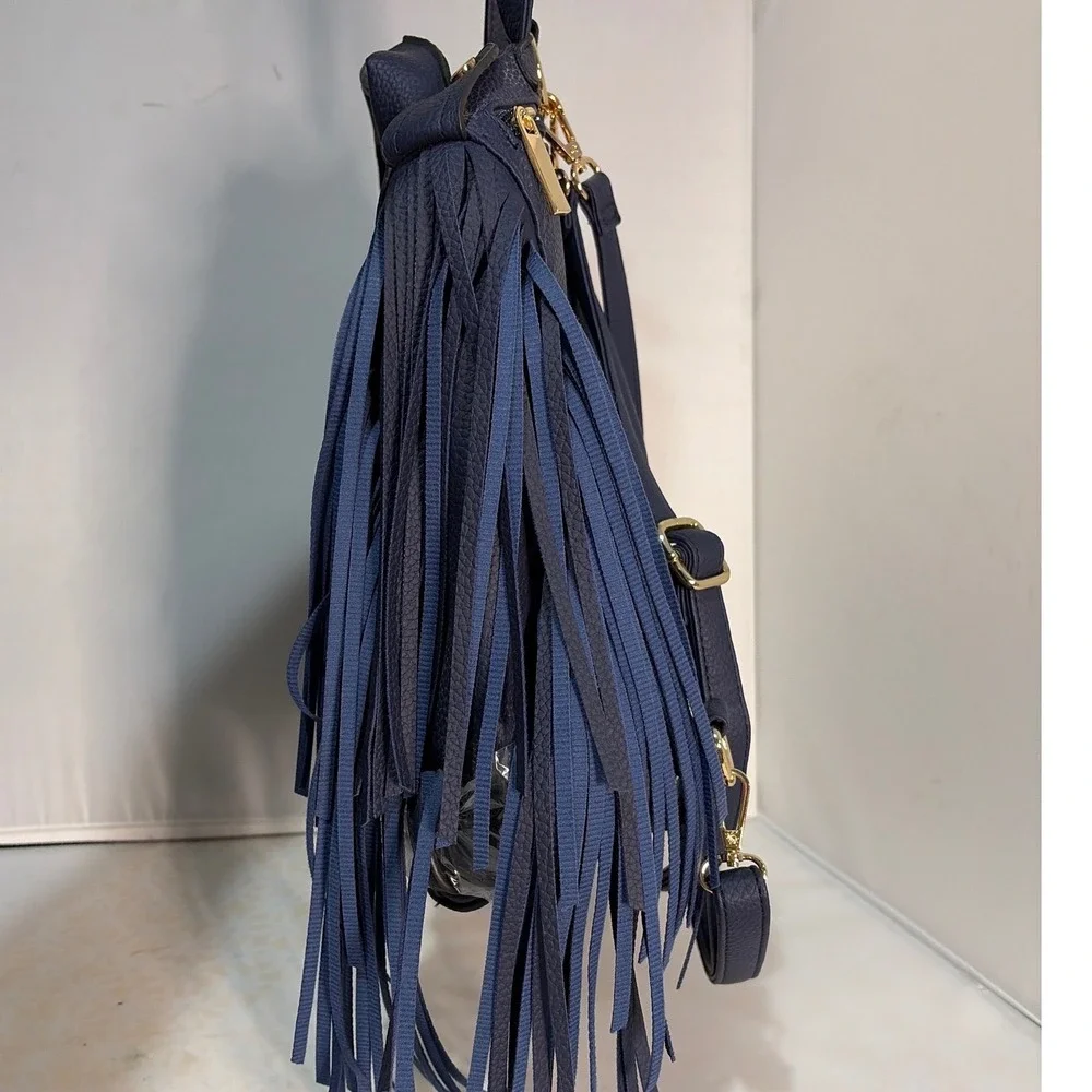 Le Miel Navy Blue Vegan Leather Moto Jacket Fringe Backpack Gold Hardware NWT